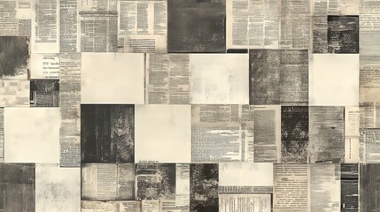 A seamless grunge patchwork pattern of newspaper prints, beige and gray, resembling old notebook sheets