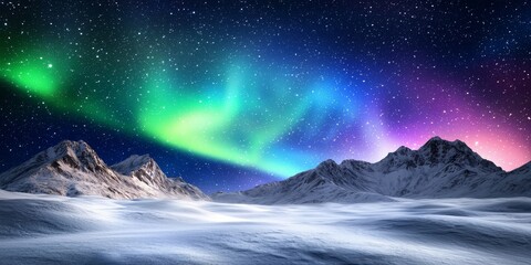 Fototapeta premium A breathtaking view of the Northern Lights illuminating a snowy landscape with majestic mountains under a starry sky.