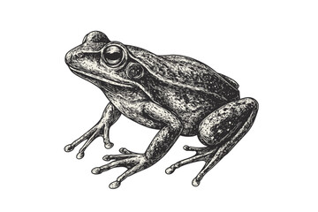 Black sketch frog art in vintage engraving style, trendy wildlife illustration, hand-drawn amphibian design on white background, nature-inspired retro wall print.