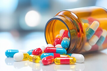 Variadas cápsulas y tabletas de medicamento en un frasco derramado sobre una superficie clara