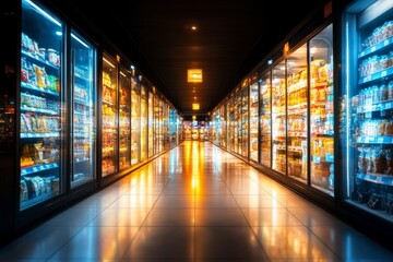 Pasillo de productos en un supermercado iluminado con refrigeradores llenos de alimentos y bebidas