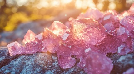 Close-up view of vibrant pink crystal clusters nestled among rugged rocks, showcasing overlapping shards in varied hues, creating an enchanting natural mosaic