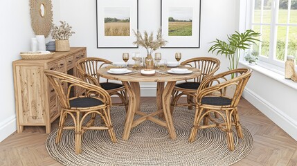 Elegant Rattan Dining Room Set with Natural Wood Table and Styled Decor in Bright Interior