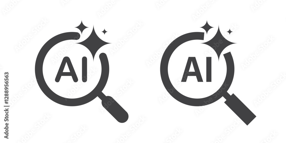 Poster AI search and analysis icon. Magnifying glass with generate symbol. Artificial intelligence technology concept. Icon element for application and web. Vector illustration. Magnifier or loupe sign.