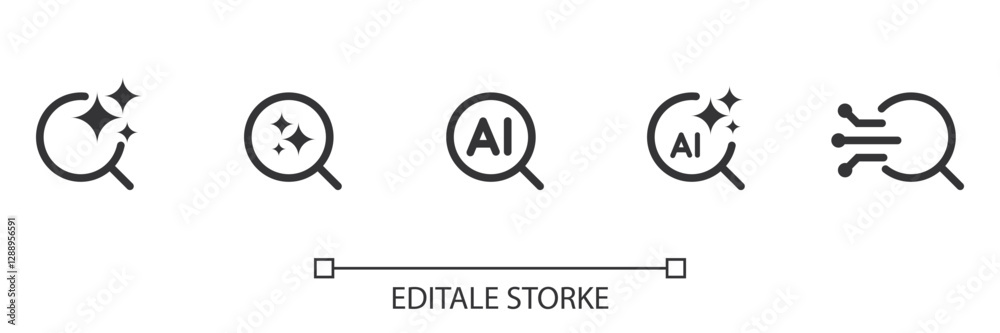 Poster AI search icon set. Magnifying glass with generate symbol. Artificial intelligence technology concept. Icon element for app and web. Vector illustration. Magnifier or loupe sign. Editable stroke.