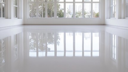 Fototapeta premium Empty room with polished floor and large windows, modern interior, showcasing design, potential use for real estate advertisement, interior design