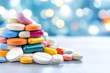 Colección de pastillas y tabletas de colores sobre una superficie clara con un fondo desenfocado