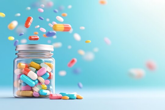 Envase transparente con diversas pastillas y c&aacute;psulas sobre fondo azul luminoso