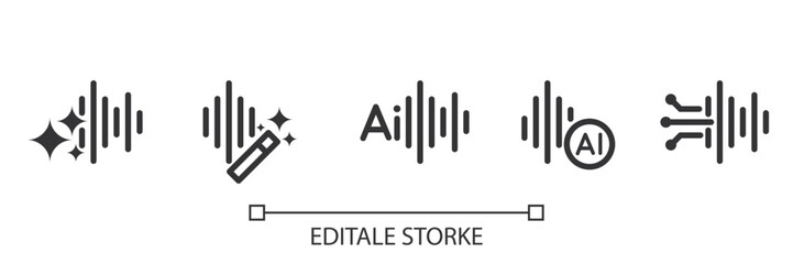 Set of AI Voice Generator icons. Sound wave with generate symbol. Creating music and voice by AI. Artificial intelligence icon element for app and web. Vector illustration. Editable stroke.