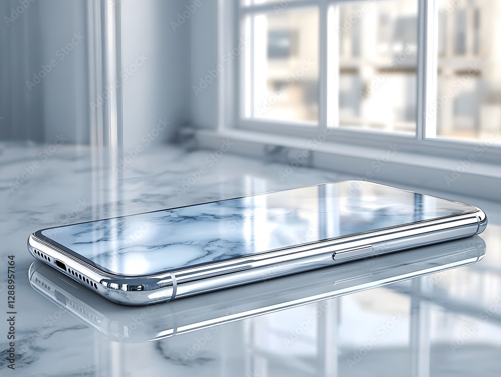 Aufkleber modern smartphone with marble texture on reflective surface by window