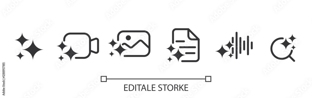 Poster Set of generate ai icon. Creating images, videos, audio, data and analysis with AI. Artificial intelligence icon element for application and web. Vector illustration. Editable stroke.