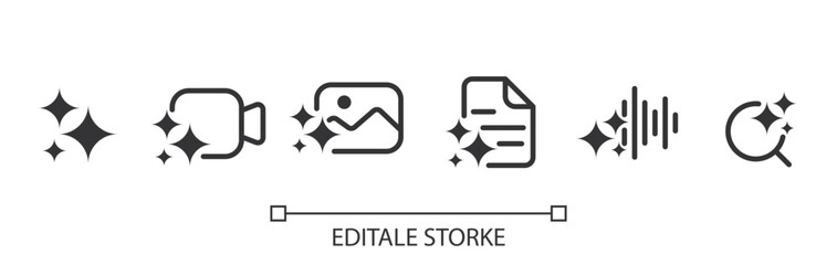 Set of generate ai icon. Creating images, videos, audio, data and analysis with AI. Artificial intelligence icon element for application and web. Vector illustration. Editable stroke.
