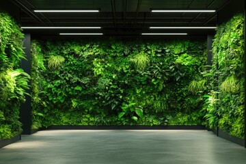 Lush, vibrant green wall creates refreshing indoor atmosphere wi