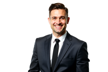 Smiling businessman portrait in suit, black tie, isolated on white background. Professional headshot for corporate website, profile, advertising. Isolated on transparent background.