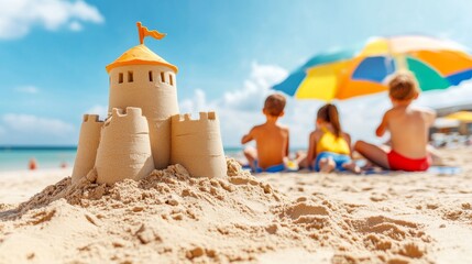 Niños construyendo un castillo de arena en la playa durante un día soleado de verano
