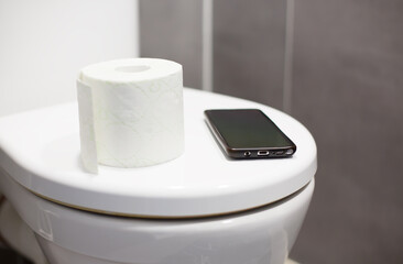 Toilet Seat with a Phone and a Roll of Toilet Paper