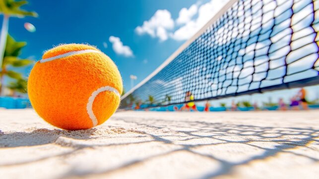 Jugador realiza un saque en una cancha de voleibol de playa bajo un cielo despejado