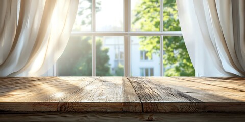 Wooden Tabletop by Sunny Window with Curtains and Greenery Background