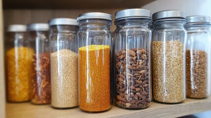 Glass jars filled with various grains and spices on wooden shelf in modern kitchen environment