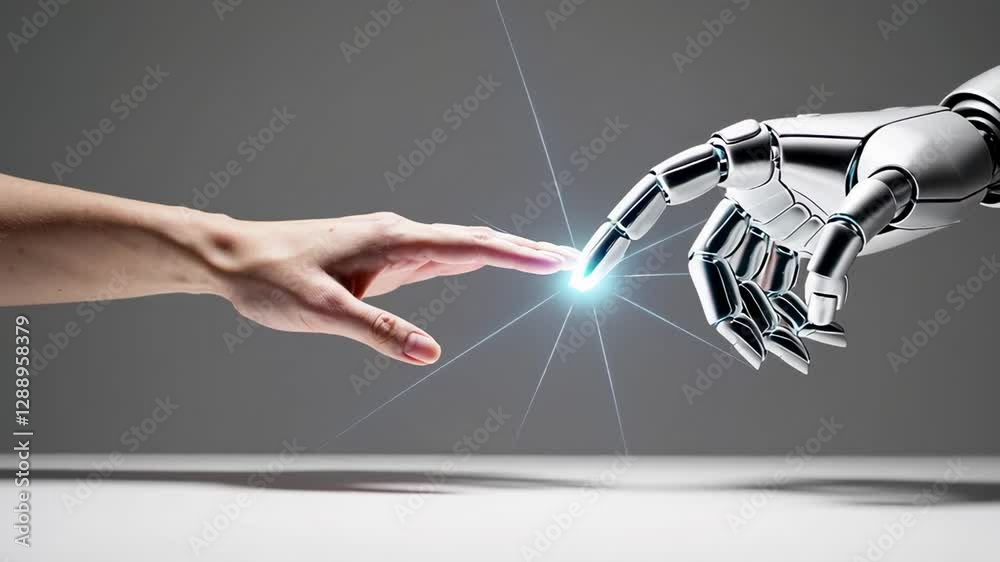 Poster slow motion video of a human hand connecting with a robotic hand, isolated on a white background sym