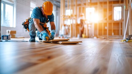Obraz premium Trabajadores instalan un nuevo suelo en un espacio de construcción durante la tarde