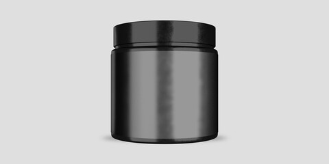 Black blank supplement jar with black glossy label mockup, front view