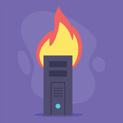 Computer tower engulfed in flames against purple background. Extreme energy consumption in cryptocurrency mining concept