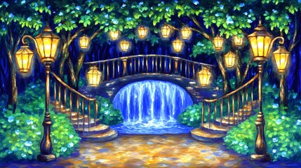 Enchanting Garden Scene with Illuminated Lanterns and Tranquil Waterfall at Night