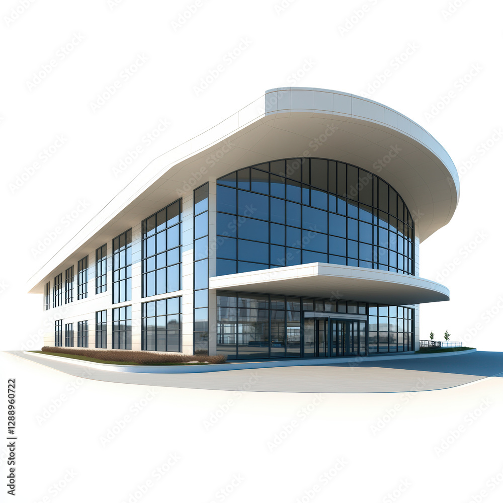 Poster 3d rendering of a modern architectural building with glass facade and unique structural design isola