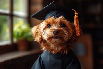 A playful puppy in a cap and gown, standing in front of a classroom window with the sunlight streaming in, reflecting the spirit of a successful graduation day.

