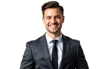 Professional portrait of smiling businessman in suit and tie, headshot isolated on white. Ideal for corporate profile, website, marketing material. Isolated on transparent background.