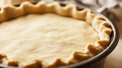 Golden pie crust dough in baking dish, homemade pastry and baking concept