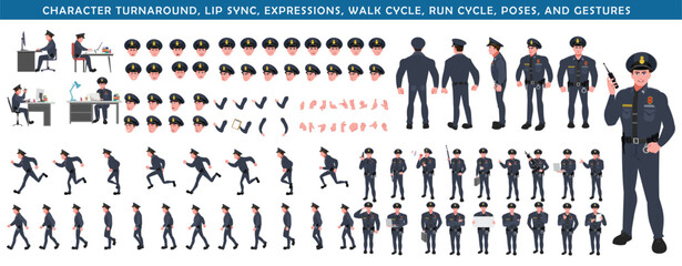 Police Officer Character Design Model Sheet. Man, Character design. Front, side, back view and explainer animation poses. Character set with lip sync and Walk cycle animation sequences.