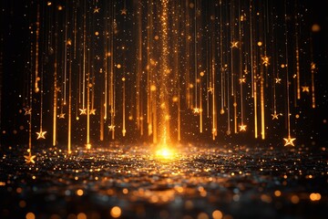 Luxurious black and gold background with a radiant light burst at the center, surrounded by floating graduation diplomas and golden stars for a premium and festive look

