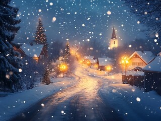 Fototapeta premium Snowy village road, church, Christmas lights, snowfall, winter