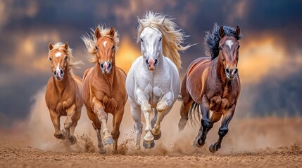 Obraz premium Four majestic horses gallop together across a sandy landscape, their manes flowing in the wind against a dramatic sky.