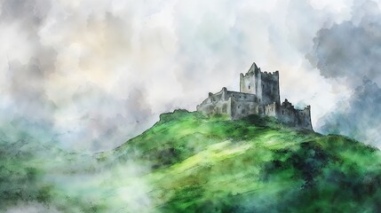 mystical castle on a hill surrounded by fog in watercolor art style