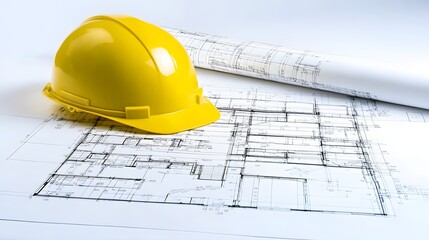 Yellow Hardhat Placed on Architectural Blueprint with Detailed Construction Plans