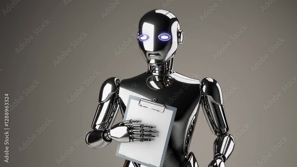 Poster chrome humanoid robot gripping clipboard, smoothly rotating against neutral gray background, embodyi