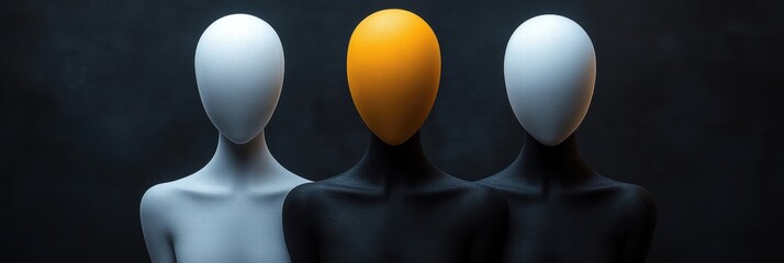Black and white abstract figures with a yellow head expressing identity and contrasts in art