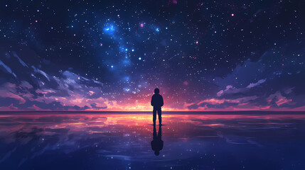Obraz premium Astronaut contemplates vast starry night sky. Cosmic Astronaut Reflection. Illustration