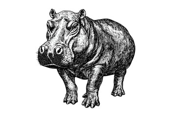 Antique art print design of a hippopotamus, black sketch effect, hand-drawn wildlife illustration, vintage style, large animal vector, trendy wall decor
