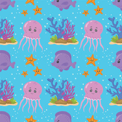 Seamless marine pattern featuring jellyfish, tropical fish, corals, and algae. Ideal for fabric, textiles, wallpaper. Vector pattern depicting marine life.