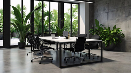 Fototapeta premium This modern office space has a white table with black framed legs, black office chairs, large glass windows with a view of greenery, and potted plants beside the table.
