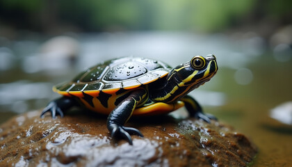 Obraz premium Wet turtle on a rock near a river