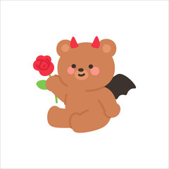 Cute Devil Bear Holding a Red Rose with Bat Wings on White Background
