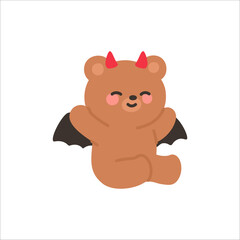 Cute Brown Bear with Devil Horns and Bat Wings Sitting on White Background