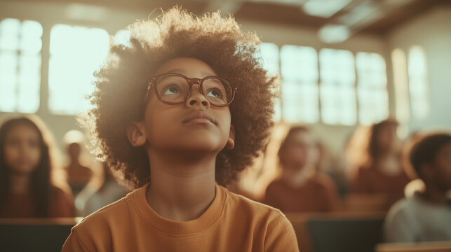 Young student listening intently during a classroom discussion in a sunlit school setting. Generative AI