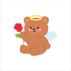 Sweet Angel Bear Holding a Red Rose with a Golden Halo and Wings