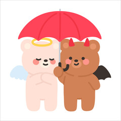 Angel and Devil Bears Standing Together Under a Red Umbrella